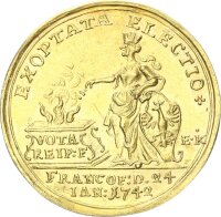 Frankfurt Stadt Doppeldukat 1742 mit alten Beschreibungszettel Gold vz