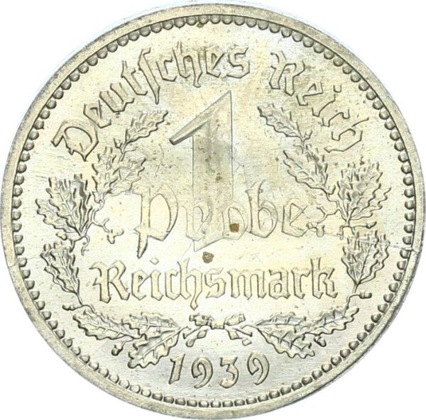Weimarer Republik 1 Reichsmark 1939 A stark magnetisch, mit Randschrift pfr., stgl. zu Jäger 354