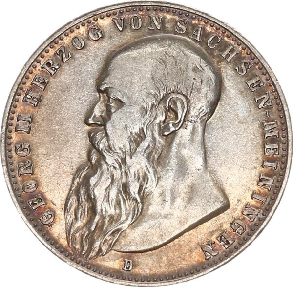 Sachsen-Meiningen Georg II. 2 Mark 1902 D langer Bart Silber f. vz Jäger 151a.