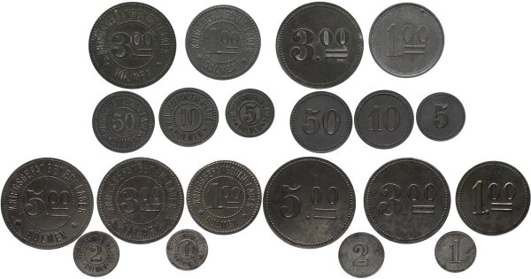 Notmünzen deutscher Städte und Gemeinden Dülmen Wertmarke zu 1 Pfennig - 5 Mark ohne Jahr Kriegsgefangenenlager Eisen & Zink vz