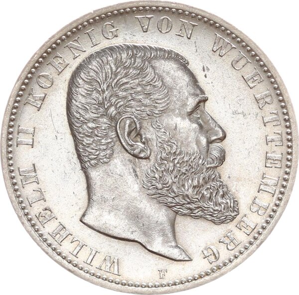 Württemberg Wilhelm II. 5 Mark 1902 F Silber vz+/f. stgl. Jäger 176