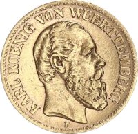 Württemberg Karl 10 Mark 1872 F Gold ss