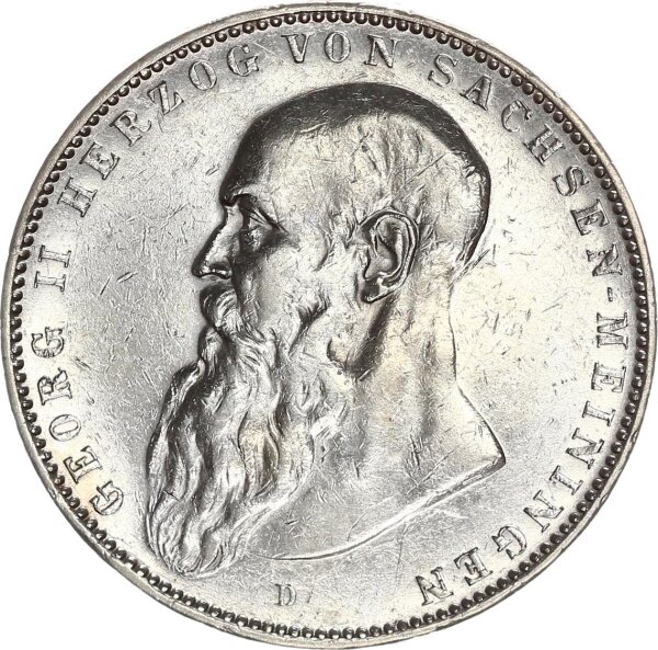 Sachsen-Meiningen Georg II. 5 Mark 1908 D kurzer Bart Silber ss Jäger 153b.