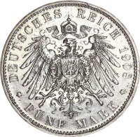 Sachsen-Meiningen Georg II. 5 Mark 1908 D kurzer Bart Silber ss Jäger 153b.