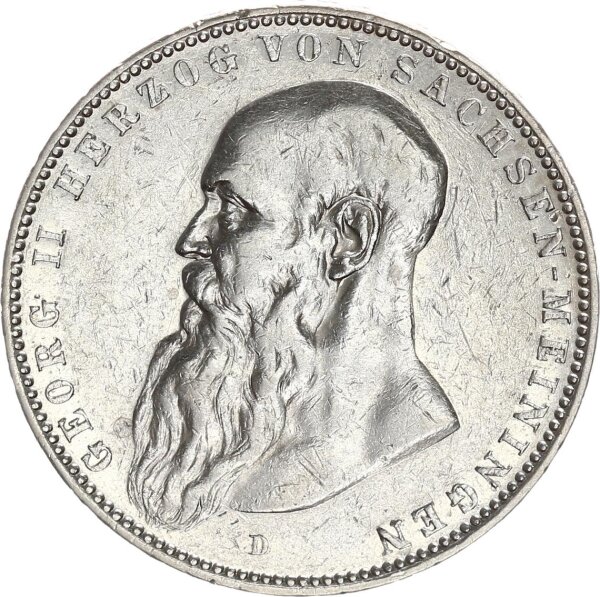 Sachsen-Meiningen Georg II. 5 Mark 1902 D langer Bart Silber ss Jäger 153a.