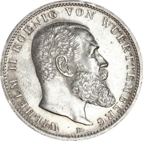 Württemberg Wilhelm II. 3 Mark 1909 F Silber vz/vz+ Jäger 175