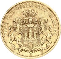 Hamburg Stadt 20 Mark 1881 J Gold ss Jäger 210