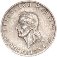 Drittes Reich 2 Reichsmark 1934 F Friedrich von Schiller...