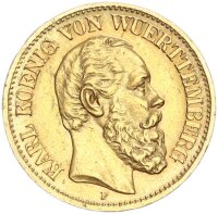 Württemberg Karl 10 Mark 1876 F Gold vz Jäger 292