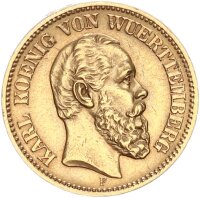 Württemberg Karl 20 Mark 1874 F Gold vz Jäger 293