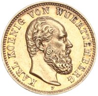 Württemberg Karl 5 Mark 1878 F Gold vz+ Jäger 291