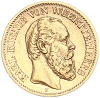 Württemberg Karl 10 Mark 1878 F Gold ss+ Jäger 292