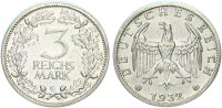Weimarer Republik 3 Reichsmark 1932 G Echtheitsexpertise Silber f. vz Jäger 349