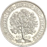Weimarer Republik 5 Reichsmark 1929 F Eichbaum Silber vz...