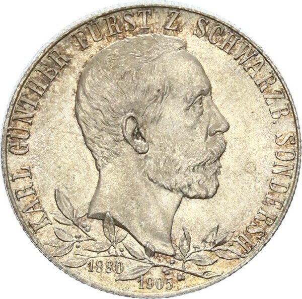 Schwarzburg-Sondershausen Karl Günther 2 Mark 1905 A schmaler Randstab, Regierungsjubiläum Silber pfr., f. stgl./stgl. Jäger 169a.