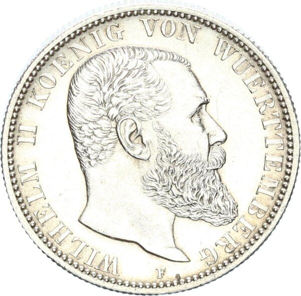 Württemberg Wilhelm II. 2 Mark 1899 F Silber pfr., f. stgl. Jäger 174