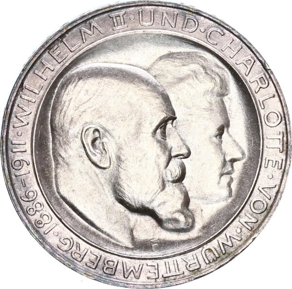 Württemberg Wilhelm II. 3 Mark 1911 F Hochzeit Silber pfr., stgl. Jäger 177a