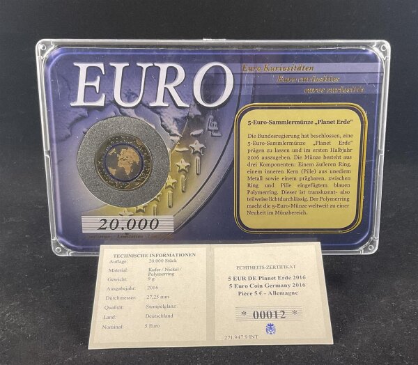 Deutschland Gedenkmünze 5 Euro 2016 J Blauer Planet Erde + Echtheitszertifikat stgl., bfr.