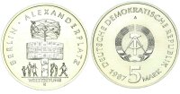 DDR Gedenkmünze 5 Mark 1987 A Alexanderplatz, Weltzeituhr pfr., stgl. Jäger 1615