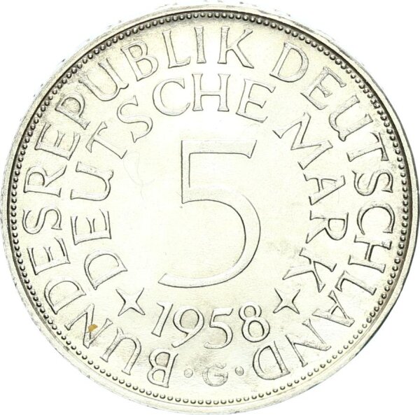 BRD Kursmünze 5 DM 1958 G (Karlsruhe) Silber pfr., f. stgl. Jäger 387