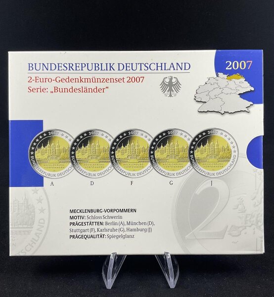 Deutschland Gedenkmünzenset 2 Euro 2007 A,D,F,G,J Mecklenburg-Vorpommern, Schloss Schwerin Spiegelglanz