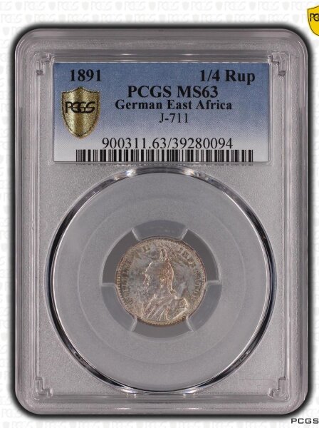 Deutsch-Ostafrika 1/4 Rupie 1891 (A) PCGS MS63, Wilhelm II. in Uniform der Garde du Corps Silber f. stgl. Jäger N711