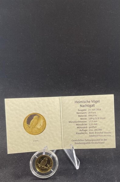 Deutschland Gedenkmünze 20 Euro 2016 D (München) Heimische Vögel Nachtigall Gold 1/8 oz stgl., bfr.