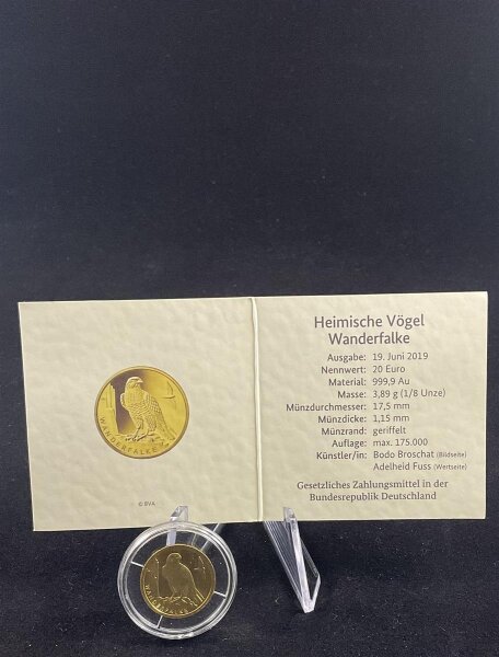 Deutschland Gedenkmünze 20 Euro 2019 J (Hamburg) Heimische Vögel Wanderfalke Gold 1/8 oz stgl., bfr.