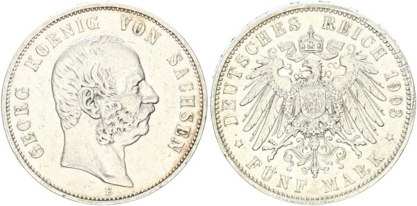 Sachsen Georg 5 Mark 1903 E interessante Verprägung Silber ss+ Jäger 130