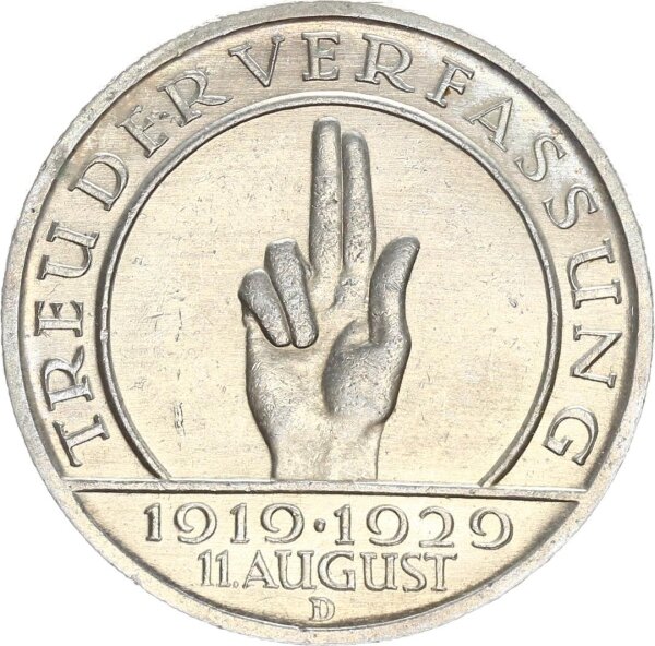 Weimarer Republik 5 Reichsmark 1929 D Schwurhand Silber vz Jäger 341