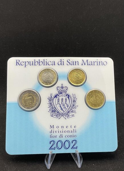 San Marino KMS 20 Cent, 50 Cent, 1 Euro & 2 Euro 2002 Mini Kursmünzensatz stgl., bfr.