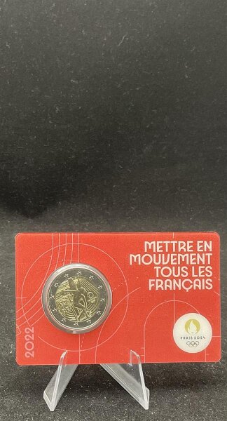 Frankreich Gedenkmünze 2 Euro 2022 Olympiade Paris 2024, Diskuswerfer, Rot, Coincard stgl., bfr.