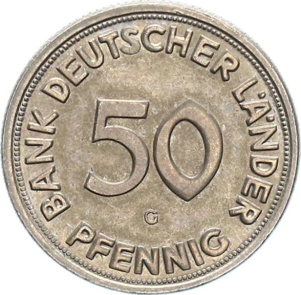 BRD Kursmünze 50 Pfennig 1950 G (Karlsruhe) Bank Deutscher Länder Kupfer-Nickel f. stgl./stgl. Jäger 379