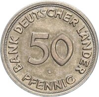 BRD Kursmünze 50 Pfennig 1950 G (Karlsruhe) Bank Deutscher Länder Kupfer-Nickel f. stgl./stgl. Jäger 379