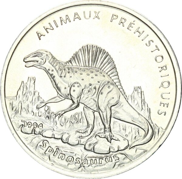 Zentralafrika Kongo 100 Francs 1994 Spinosaurus Kupfer-Nickel pfr., stgl.