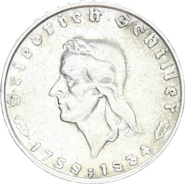 Drittes Reich 2 Reichsmark 1934 F Friedrich von Schiller Silber ss Jäger 358