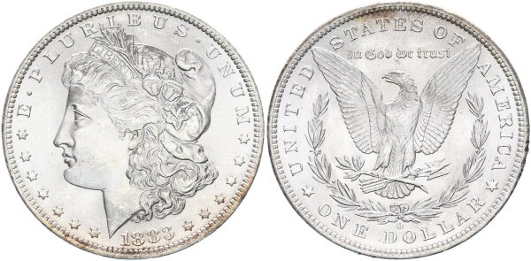 USA Morgan Dollar 1883 O (New Orleans) + alter Händlerzettel Silber f. stgl.