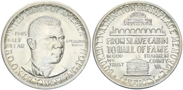 USA Half Dollar 1946 Booker T. Washington + alter Händlerzettel Silber stgl.