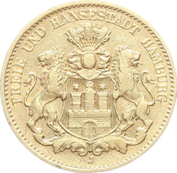 Hamburg Stadt 10 Mark 1876 J Gold ss Jäger 209