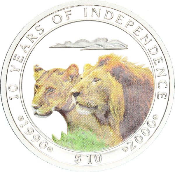 Afrika Namibia 10 Dollars 2000 10 Jahre Unabhängigkeit - Löwen Silber PP