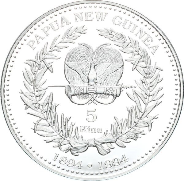 Papua Neu-Guinea 5 Kina 1994 100 Jahre erste Münzausgabe, Paradiesvogel Silber PP
