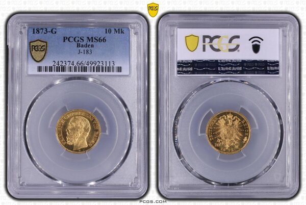 Baden Friedrich I. 10 Mark 1873 G PCGS MS66 TOP POP 1/0 Gold pfr., stgl. Jäger 183