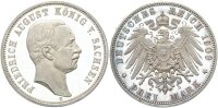 Sachsen Friedrich August III. 3 Mark 1909 E Silber min. berührte PP Jäger 135